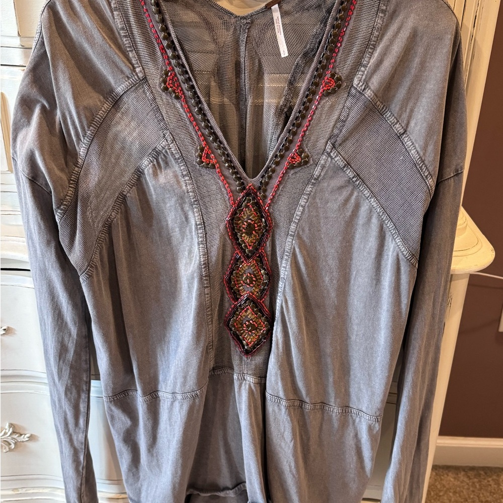 Free People Gray V-Neck Tunic with Beaded Detail